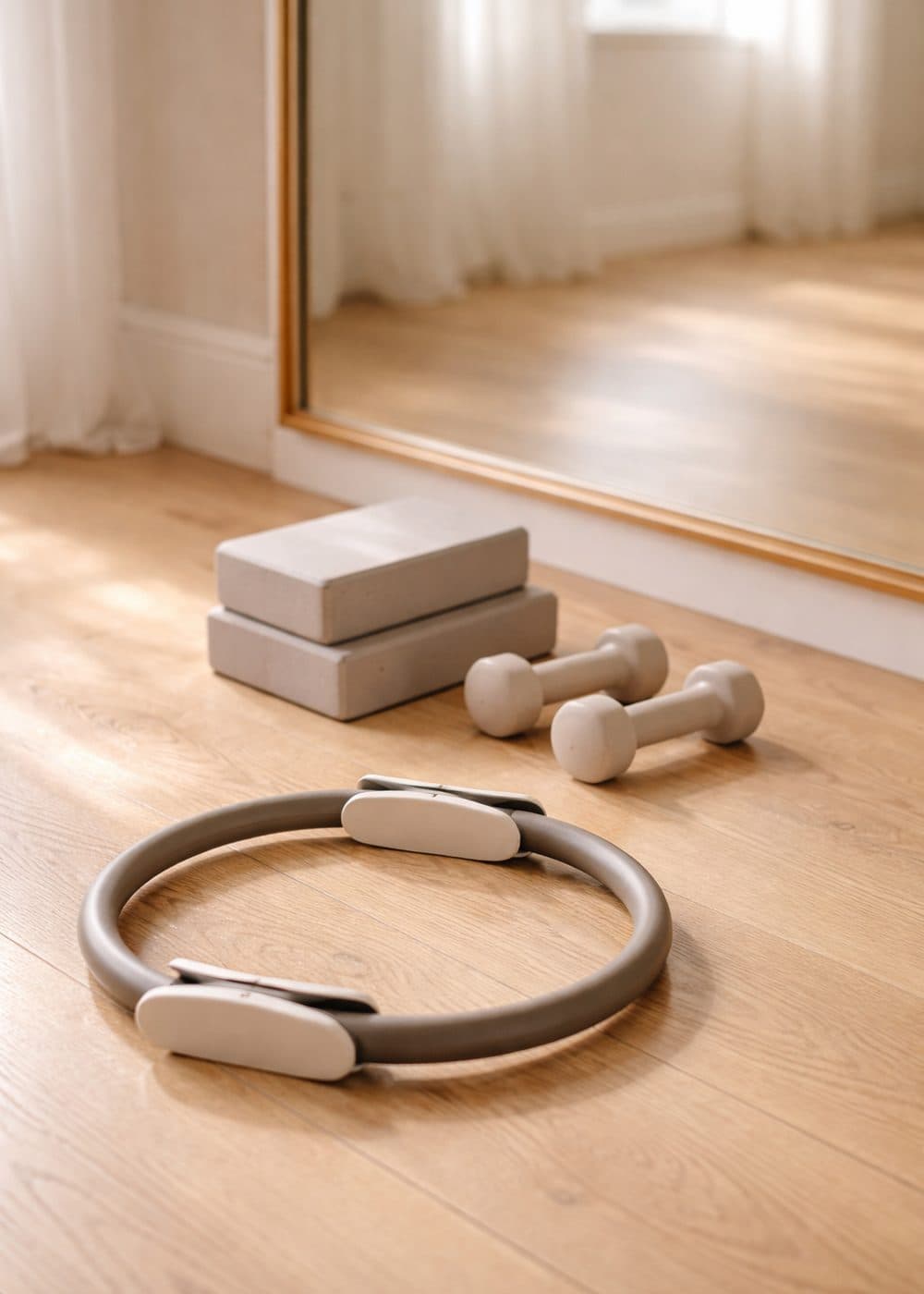 Pilates ring and props on the studio floor